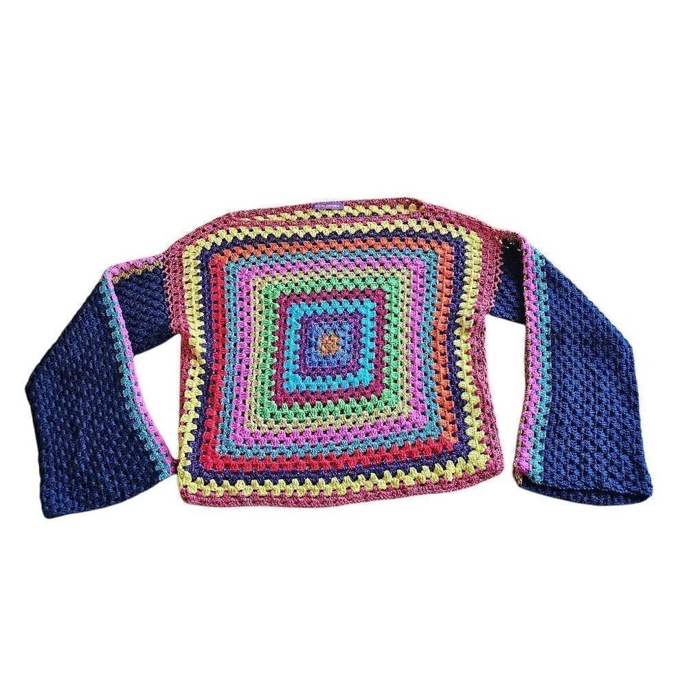 Rose carmine Navy multicolor long sleeve hand knit patch work sweater fits S-M g